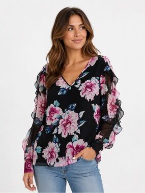IMNYC Isaac Mizrahi Floral Ruffle Sleeve Blouse – Romantic Luxe Statement Top XL